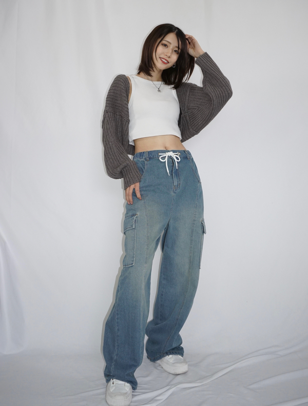 Waist rope cargo denim(BLUE)