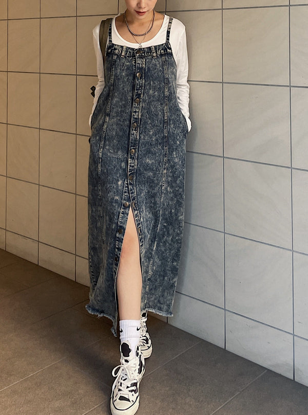 Button slit denim one piece(BLUE)
