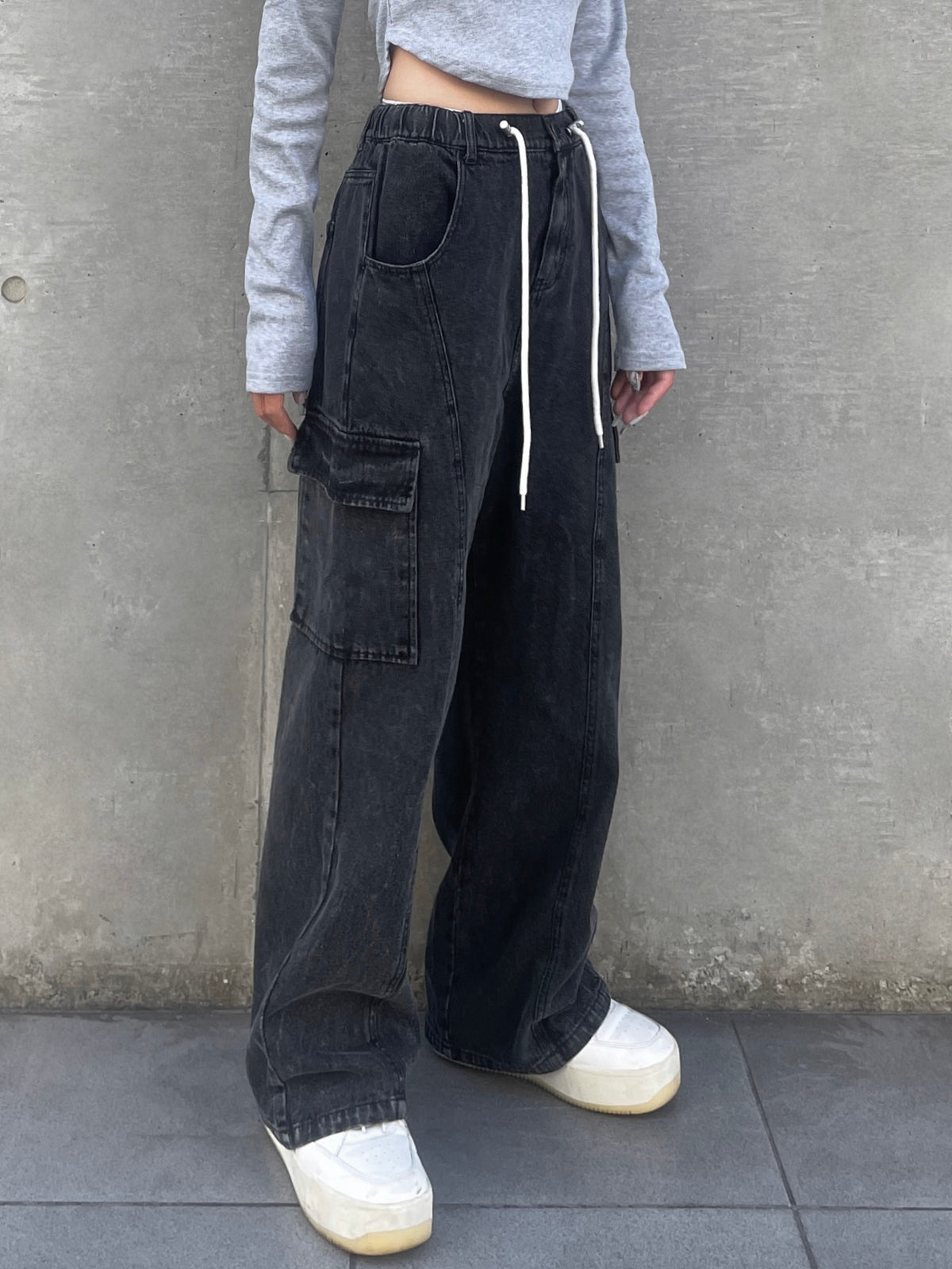 Waist rope cargo denim(BLACK)