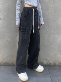Waist rope cargo denim(BLACK)