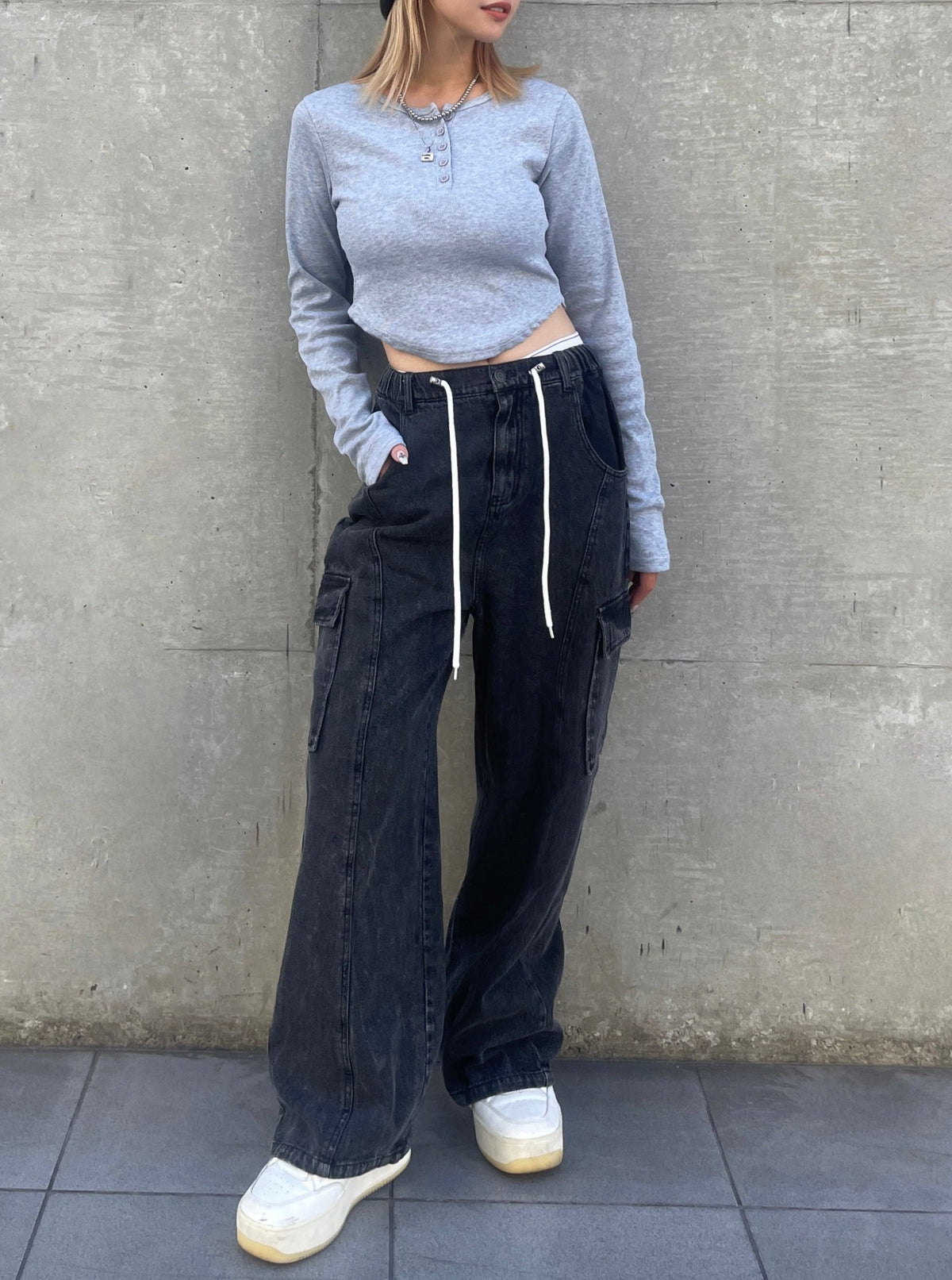 Waist rope cargo denim(BLACK)