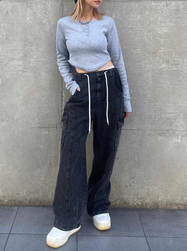 Waist rope cargo denim(BLACK)