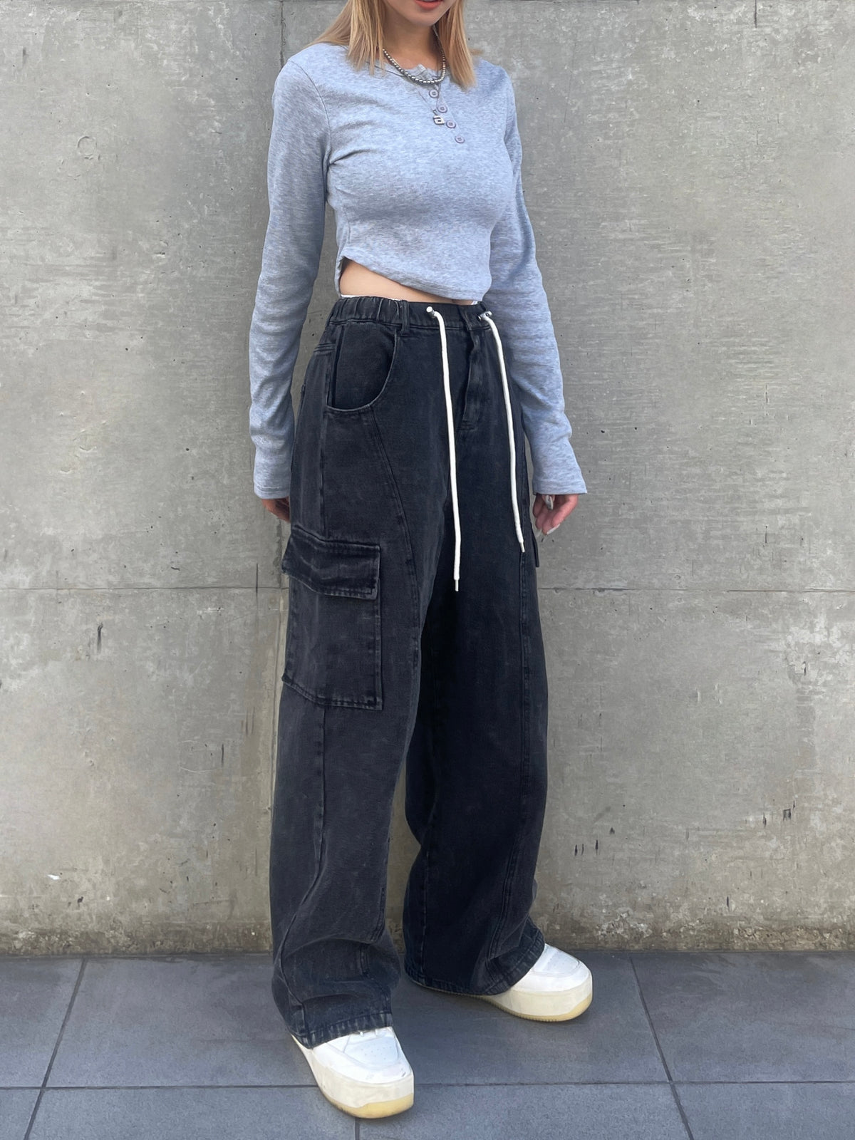 Waist rope cargo denim(BLACK)