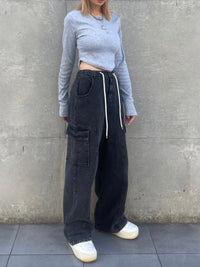 Waist rope cargo denim(BLACK)