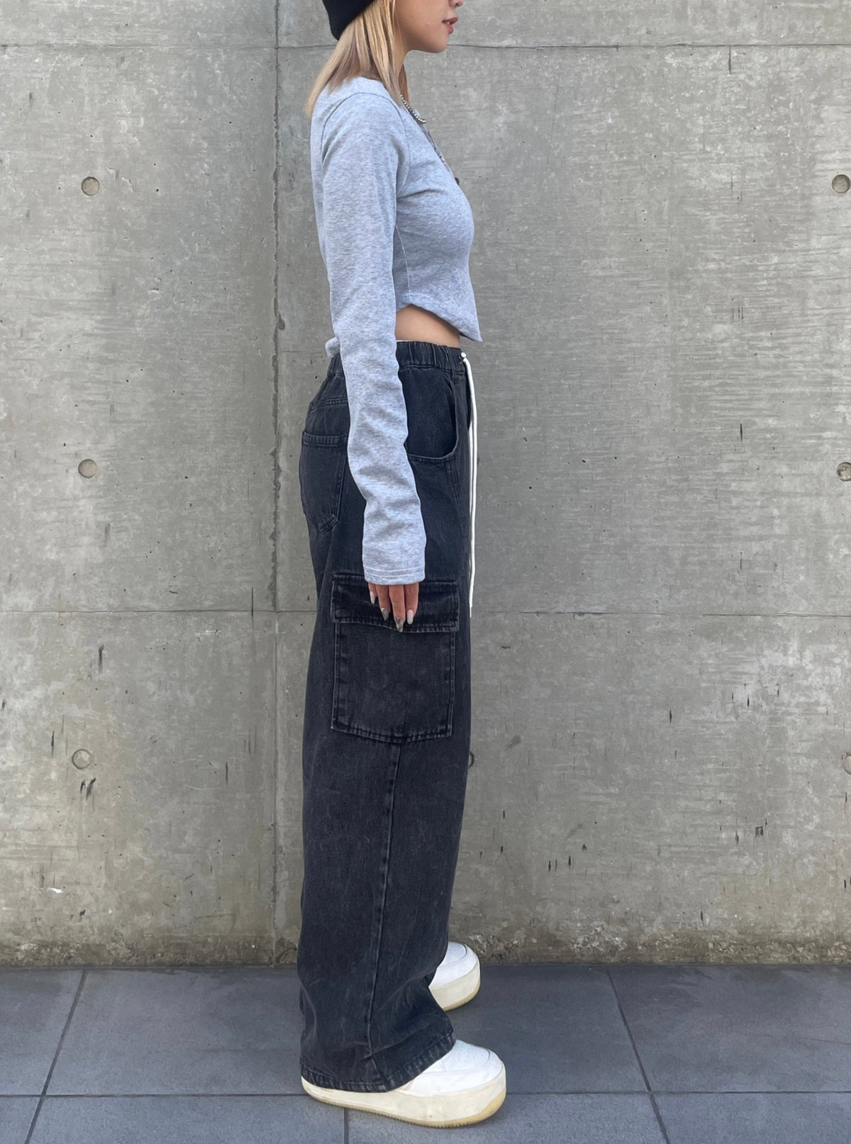 Waist rope cargo denim(BLACK)