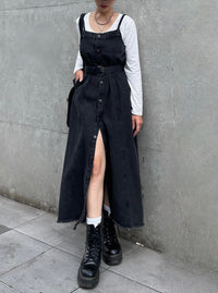 Button slit denim one piece(BLACK)