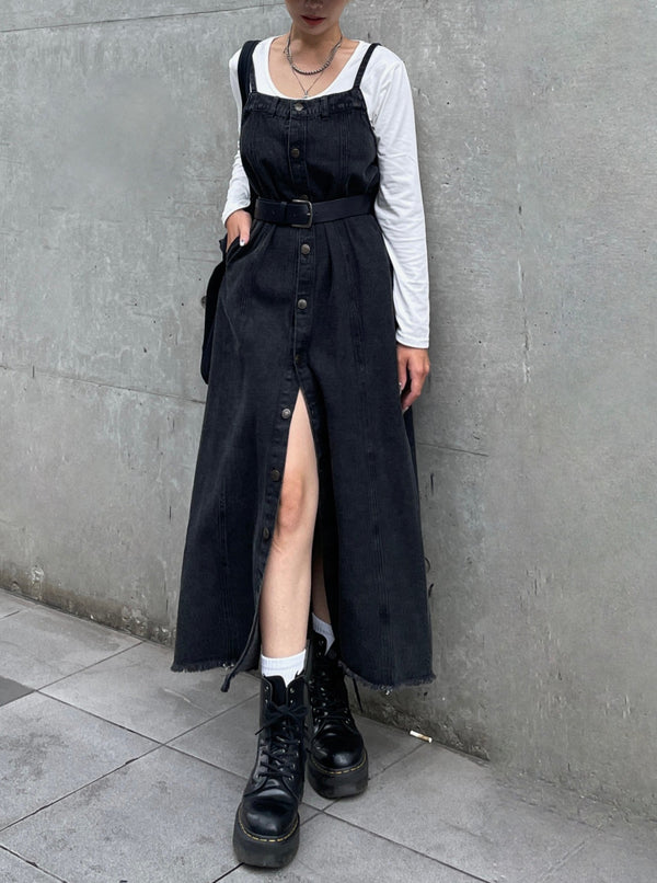 Button slit denim one piece(BLACK)