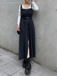 Button slit denim one piece(BLACK)