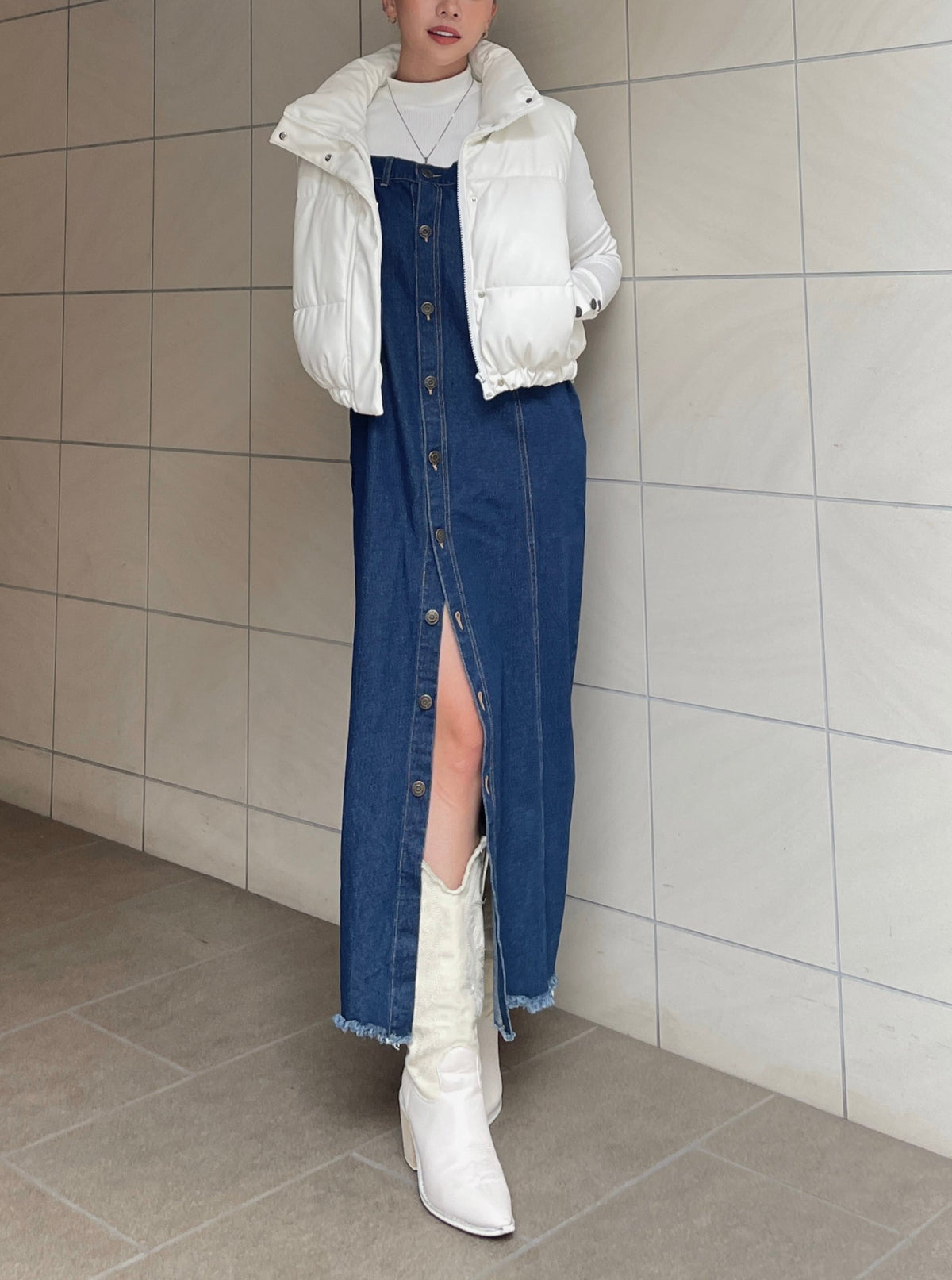 Button slit denim one piece(INDIGO)