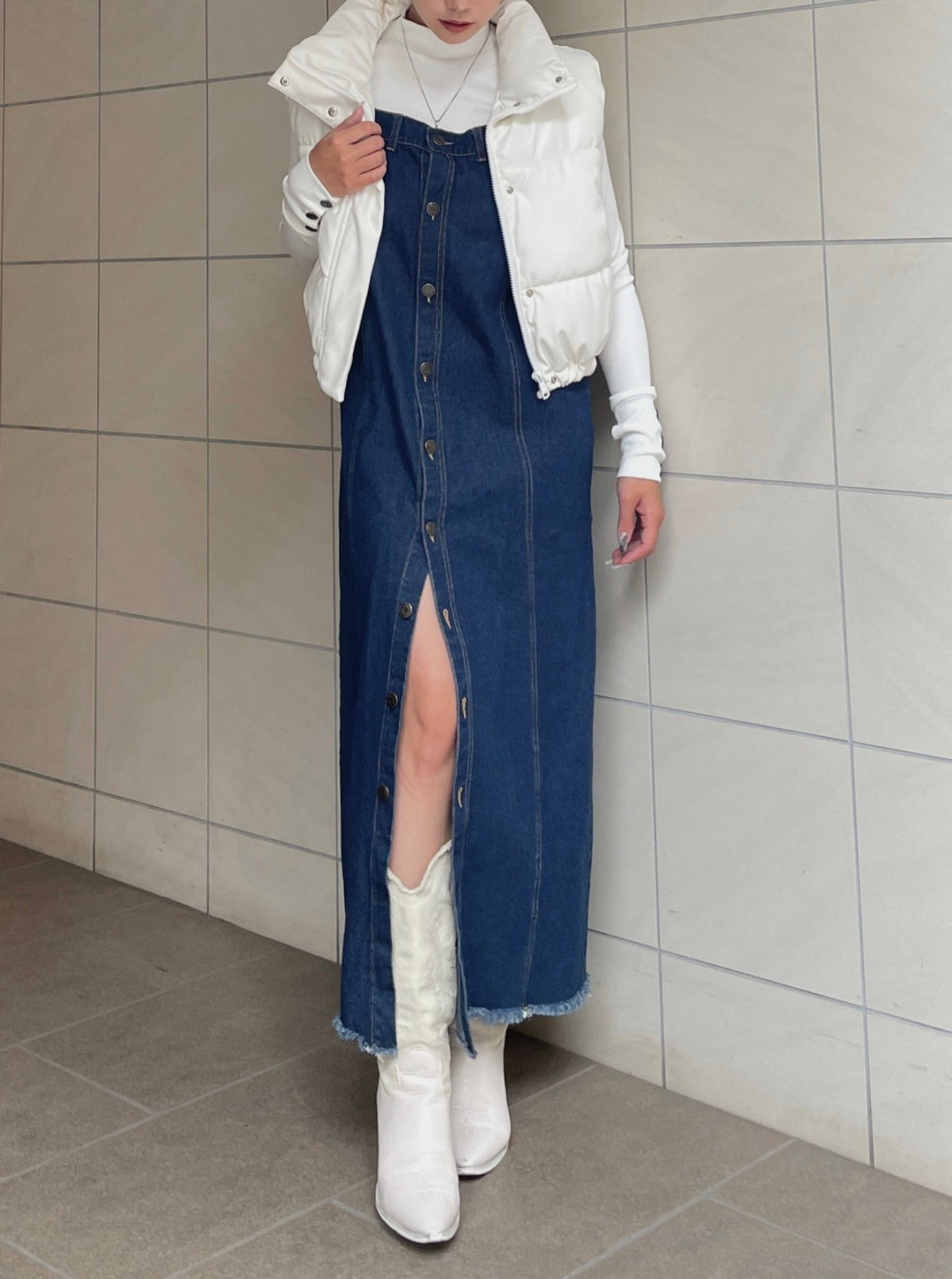 Button slit denim one piece(INDIGO)