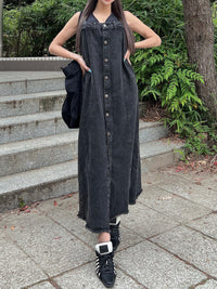Button slit denim one piece(BLACK)