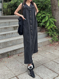 Button slit denim one piece(BLACK)