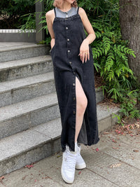 Button slit denim one piece(BLACK)