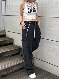 Waist rope cargo denim(BLACK)