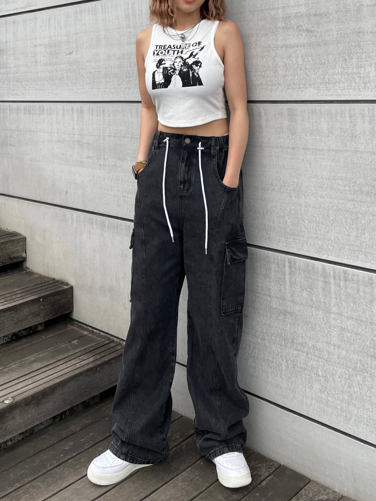 Waist rope cargo denim(BLACK)