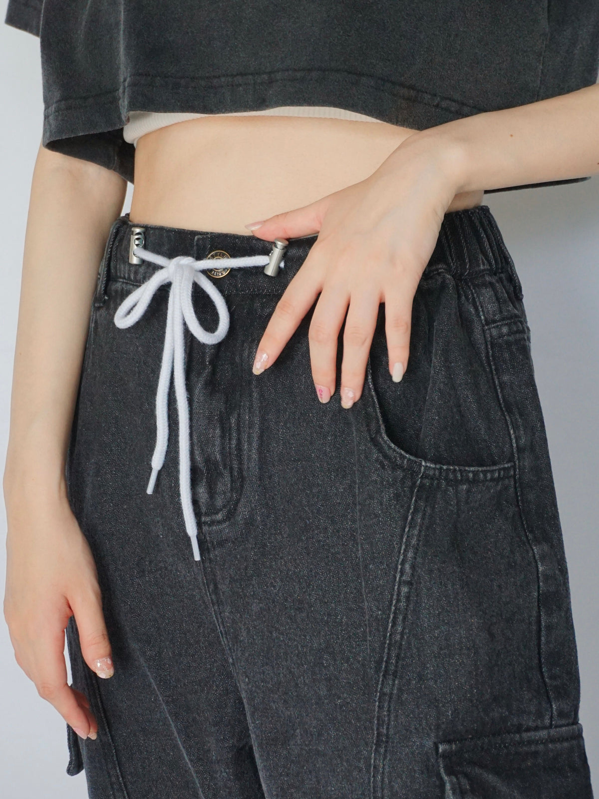 Waist rope cargo denim(BLACK)