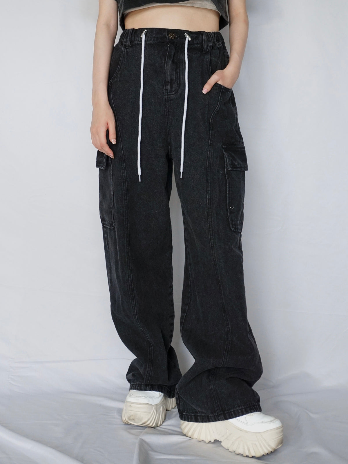 Waist rope cargo denim(BLACK)