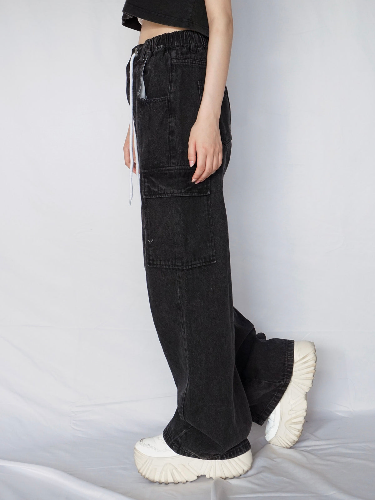 Waist rope cargo denim(BLACK)
