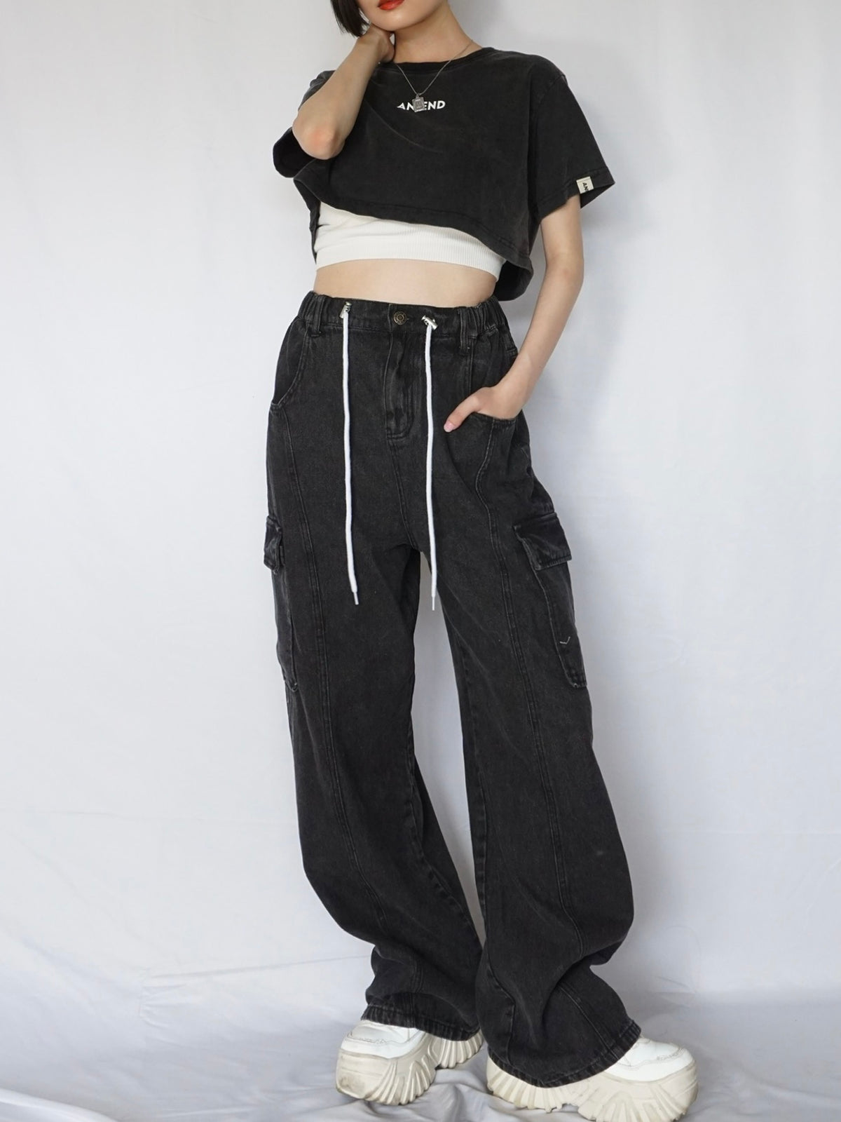 Waist rope cargo denim(BLACK)