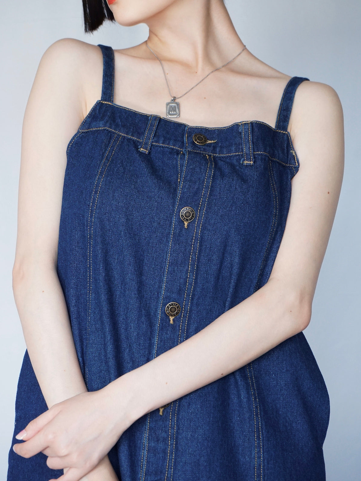 Button slit denim one piece(INDIGO)