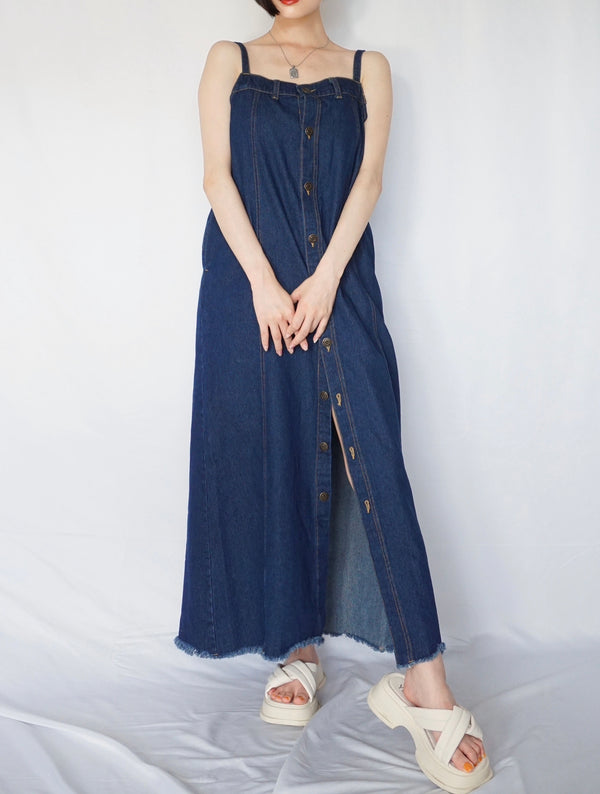 Button slit denim one piece(INDIGO)