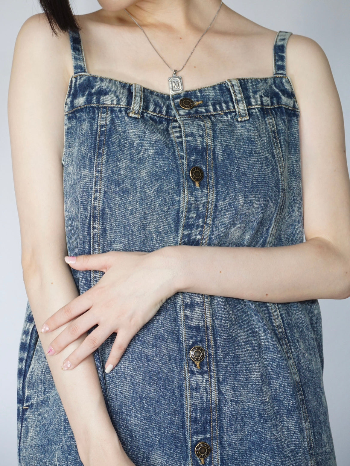 Button slit denim one piece(BLUE)