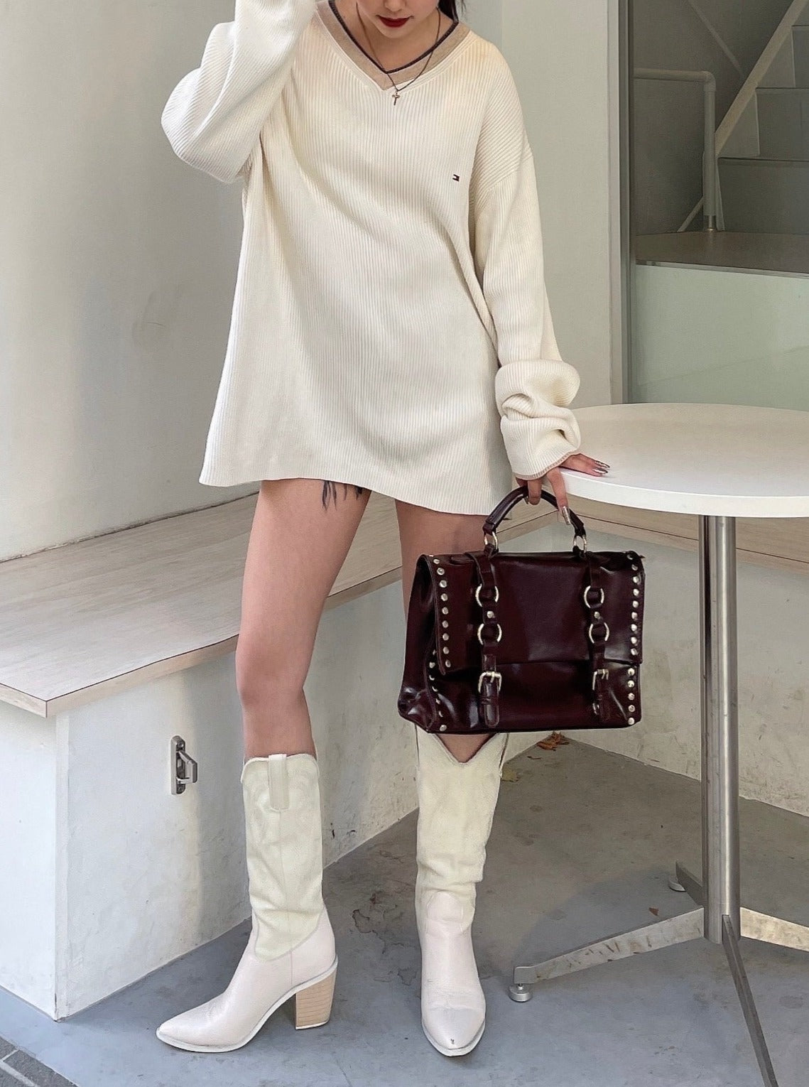 Vintage studs hand bag(BROWN)